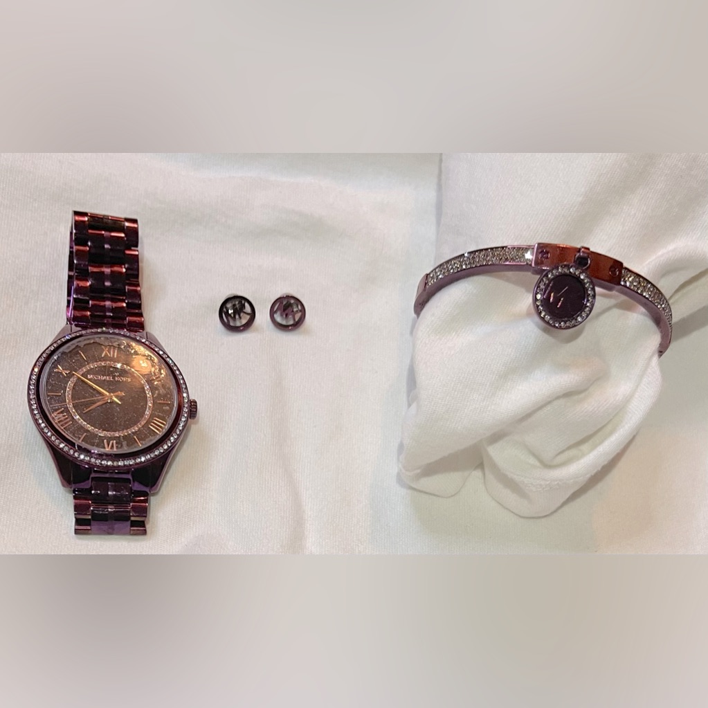 Listingmichael Kors Purple/Plum Watch, Bracelet & Logo Stud Earrings